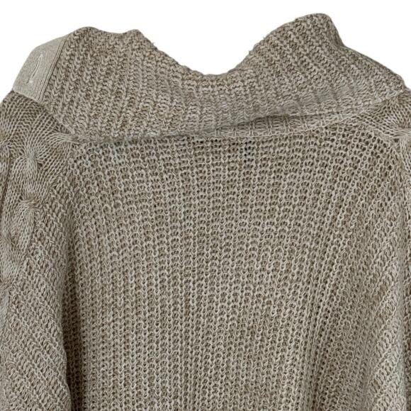 Ivory Marled Sweater L Button Cowl Neck Chunky Cable Knit Detail Oatmeal Cozy - Picture 3 of 14